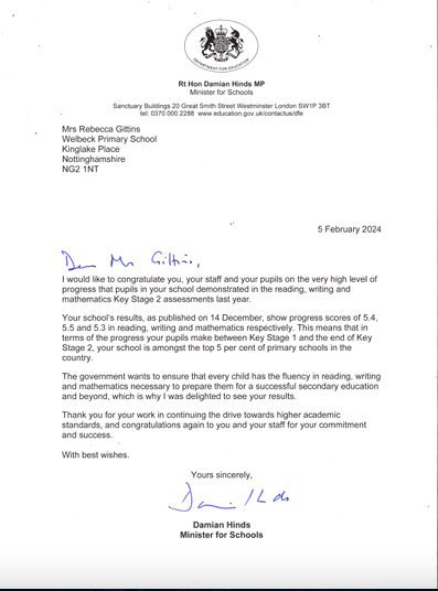 Letter from the Minister for Schools