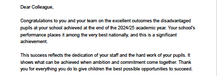 Excellent outcomes for disadvantaged pupils in Local Authority letter